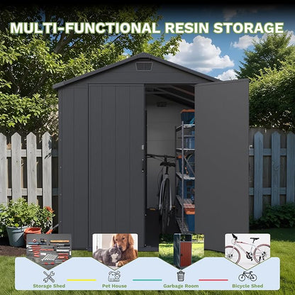 Greesum 6x8FT Plastic Outdoor Storage Shed with Floor, Resin Sheds with Lockable Double Door, Tool Sheds with Window and Vents, for Garden, Yard, Patio, Dark Gray