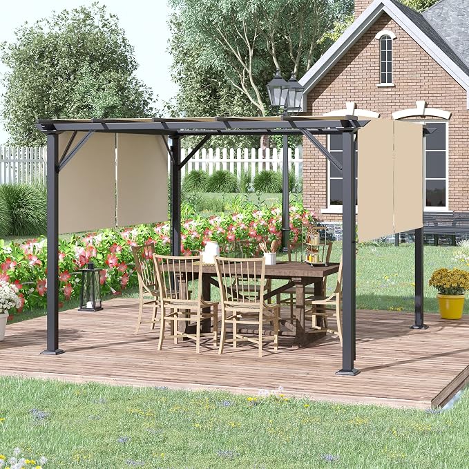 Outsunny 12' x 10' Outdoor Retractable Pergola Canopy with Sun Shade Unique Design Canopy Patio Metal Shelter for Garden Porch Beach, Beige