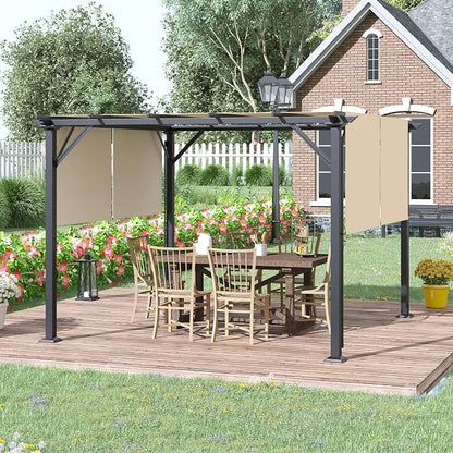 Outsunny 12' x 10' Outdoor Retractable Pergola Canopy with Sun Shade Unique Design Canopy Patio Metal Shelter for Garden Porch Beach, Beige