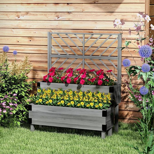 Outsunny 2-Tier Raised Garden Bed with Trellis, Wooden Elevated Planter Box with Drainage Holes, Liners, Metal Corners, Trellis Planter for Climbing Plants, Flowers, Herbs, 42.5" x 25.5" x 55", Gray