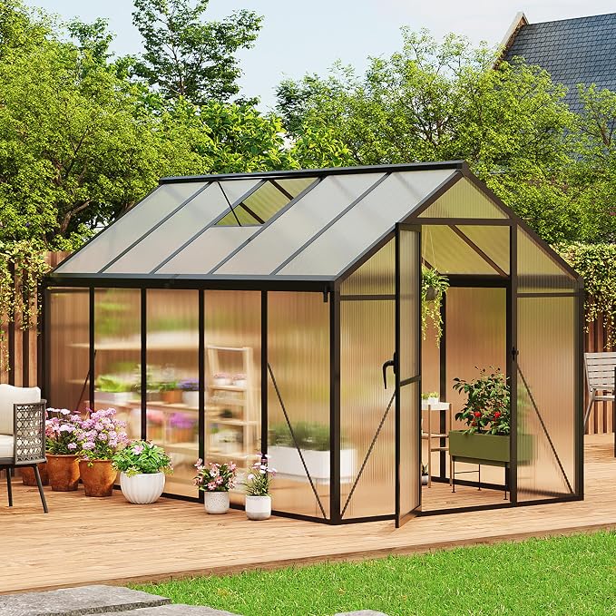 6x10 FT Greenhouse, Greenhouses for Outside, Polycarbonate Greenhouse with Aluminum Frame, Lockable Door and Ajustable Roof Vent for Backyard, Green Houses for Outside Garden Backyard, Patio