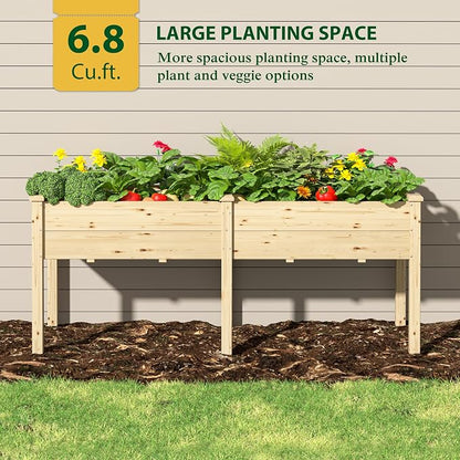 Yardenaler 72x23x30in Raised Garden Bed with Legs, 2x6FT Outdoor Elevated Wood Planted Box with Divider Panel & Drainage Hole for Vegetable Flower, Backyard and Patio, Natural