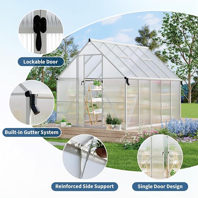 GarveeLife 8X10FT Polycarbonate Greenhouse with Aluminum Frame, Polycarbonate Greenhouse for Outdoors, Greenhouses with Ventilation and Rain Gutter, Aluminum Large Walk-in Greenhouses for Outside