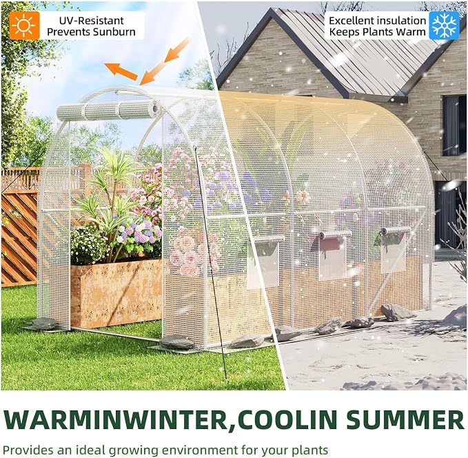 Superlele Heavy Duty Walk-in Greenhouse for Outdoor, 10x6.6x6.6FT Large Garden Green House with Reinforced PE Mesh Cover, 6 Roll-up Windows with Screen, 8 Ground Stakes and Ropes, White