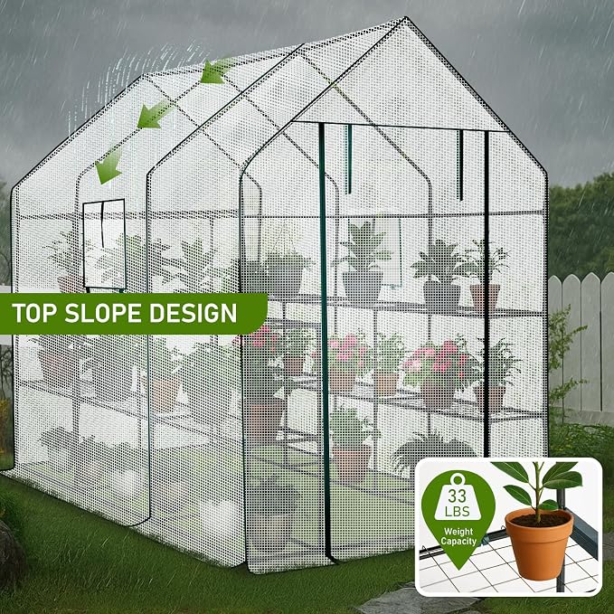 Outvita Walk-in Greenhouse, Outdoor Durable PE Plant Green House for Frost Protection with 3 Tiers 12 Shelves, Shelf Clips, Roll-up Zipper Door, 56"x85"x77" White