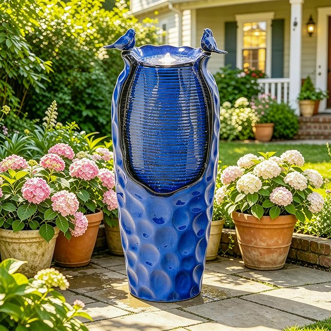 Autodaya 33" Vase Ceramic Outdoor Water Fountain with Lights and Birds | cobalt blue glazed water feature with textured design, ambient soothing cascading water flow for garden patio yard sanctuary