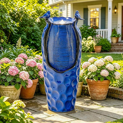 Autodaya 33" Vase Ceramic Outdoor Water Fountain with Lights and Birds | cobalt blue glazed water feature with textured design, ambient soothing cascading water flow for garden patio yard sanctuary
