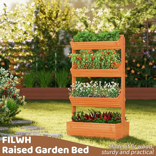 Wooden Raised Garden Bed Vertical Planter Box, Freestanding Plant Stand for Indoor Outdoor Plants, Herbs, Flowers, Vegetables, Gardening (Reddish Brown, 4-Tier，29.9 x 17.9 x 55in)
