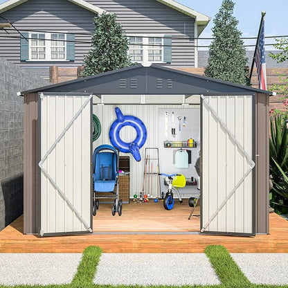 YOPTO 10 x 10 FT Outdoor Storage Shed,Heavy Duty Tool Sheds Metal Storage Garden Shed with Sloped Roof and Lockable Doors,Large Metal Storage Sheds for Backyard Patio Lawn, Brow