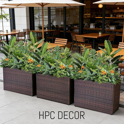 HPC Decor 32.5" Tall Planters,Plastic Planter for Outdoor Plants Handmade Wicker Large Rectangular Block Planter Box with Removable Liners, Modern Planter for Indoor Outdoor Patio Porch Deck. (Brown)