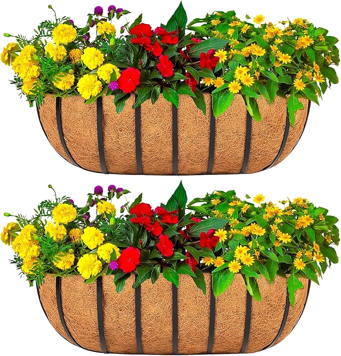 30 Inch Window Baskets with Coconut Liner Outdoor Wall Planter for Plants Long Window Flower Box for Porch Fence Patio Outdoor（2 Pack）