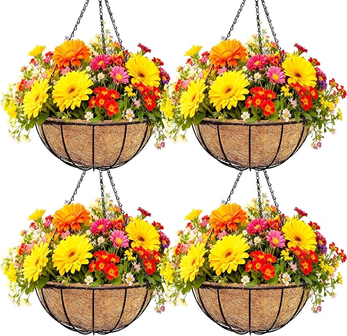 4 Pack 12 Inch Black Metal Hanging Basket Hanging Planter with Coco Coir Liner Heavy Duty Hanging Flower Pot Holder for Indoor Outdoor Patio Garden Porch Balcony Decor (Watermelon)