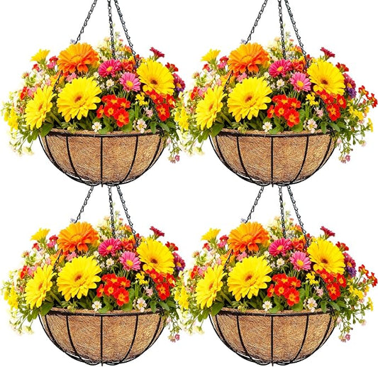 4 Pack 12 Inch Black Metal Hanging Basket Hanging Planter with Coco Coir Liner Heavy Duty Hanging Flower Pot Holder for Indoor Outdoor Patio Garden Porch Balcony Decor (Watermelon)
