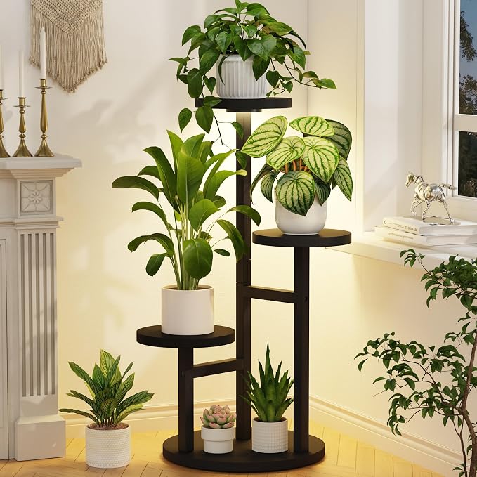 LASZOLA 3 Tiered Wood Plant Stand Indoor Corner with Grow Lights, Flower Holder Rack Tall for Multiple Plants, Rustic Planter Shelf Display for Patio Garden Balcony Living Room, Black