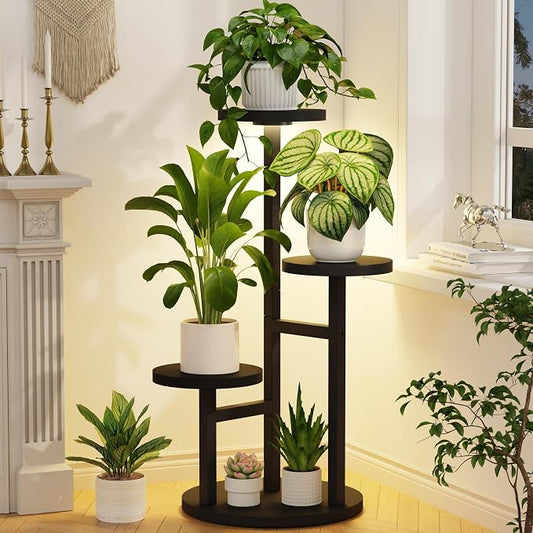 LASZOLA 3 Tiered Wood Plant Stand Indoor Corner with Grow Lights, Flower Holder Rack Tall for Multiple Plants, Rustic Planter Shelf Display for Patio Garden Balcony Living Room, Black