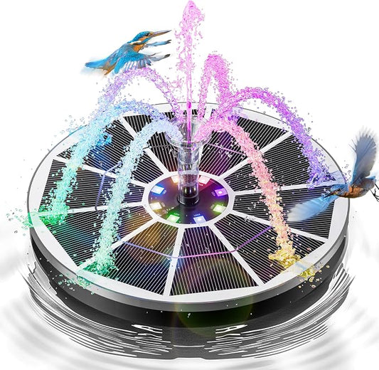 3.5W Solar Fountain,Upgraded 100% Glass Panel Solar Bird Bath Fountain with 2000mAh Battery,7 Color RGB LED Lights & 6 Nozzles,Solar Fountain for Bird Bath,Garden, Pond, Pool, Outdoor Decor(White)