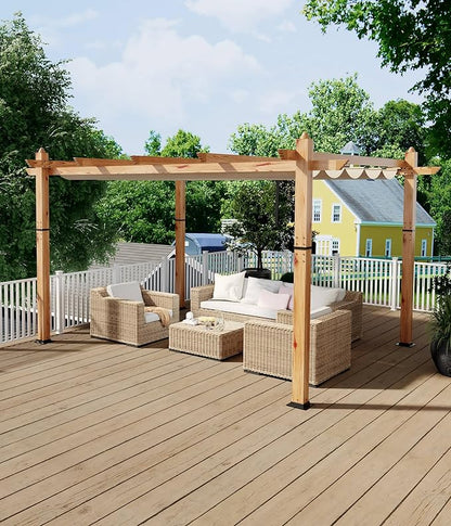 GarveeLife 10 x 13 ft Wood-Grain Aluminum Pergola Outdoor Pergola with Retractable Canopy Sun Shade Shelter for Garden, Patio, Backyard, Deck - Khaki