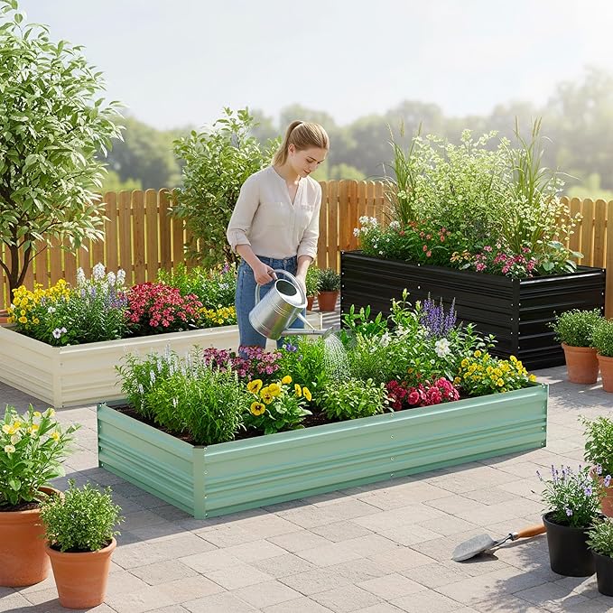 WORKPRO 2PK 7.5x4x1ft Outdoor Galvanized Raised Garden Bed, Rust-Resistant Planter Raised Beds for Vegetable, Flowers, Herbs, Light Green