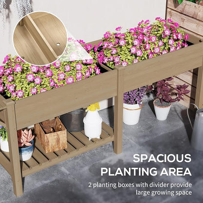 Outsunny Raised Garden Bed, Wood Elevated Planter Box with Side Table, Bottom Shelf, Outdoor Raised Planter with Bed Liners, Drainage Holes for Vegetable Flower, 81.5 x 23 x 31 in, Carbonized Brown