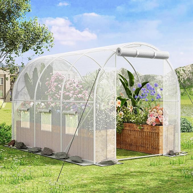 Superlele Heavy Duty Walk-in Greenhouse for Outdoor, 10x6.6x6.6FT Large Garden Green House with Reinforced PE Mesh Cover, 6 Roll-up Windows with Screen, 8 Ground Stakes and Ropes, White