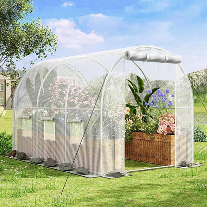 Superlele Heavy Duty Walk-in Greenhouse for Outdoor, 10x6.6x6.6FT Large Garden Green House with Reinforced PE Mesh Cover, 6 Roll-up Windows with Screen, 8 Ground Stakes and Ropes, White