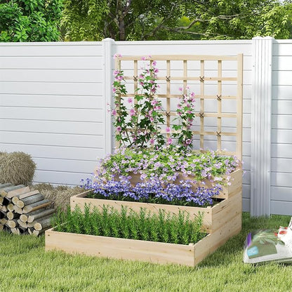 Giantex 3-Tier Raised Garden Bed with Trellis and 3 Planter Boxes, Outdoor Open-Ended Wood Raised Bed for Planting and Vines Flowers Vegetables Growing, 44"x45"x56"