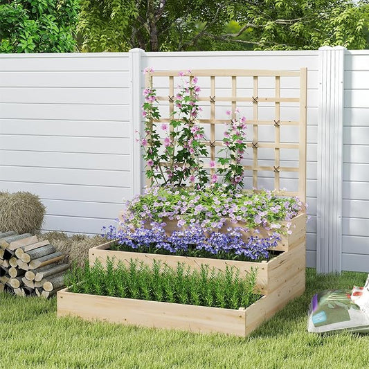 Giantex 3-Tier Raised Garden Bed with Trellis and 3 Planter Boxes, Outdoor Open-Ended Wood Raised Bed for Planting and Vines Flowers Vegetables Growing, 44"x45"x56"