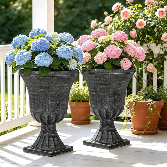 Autodaya 22" Handmade Washed Black Urn Planters Set of 2 Plastic Pots | Handmade Washed Black Finish, Large Weather-Resistant Planters for Porch, Garden, Patio, or Indoor Use