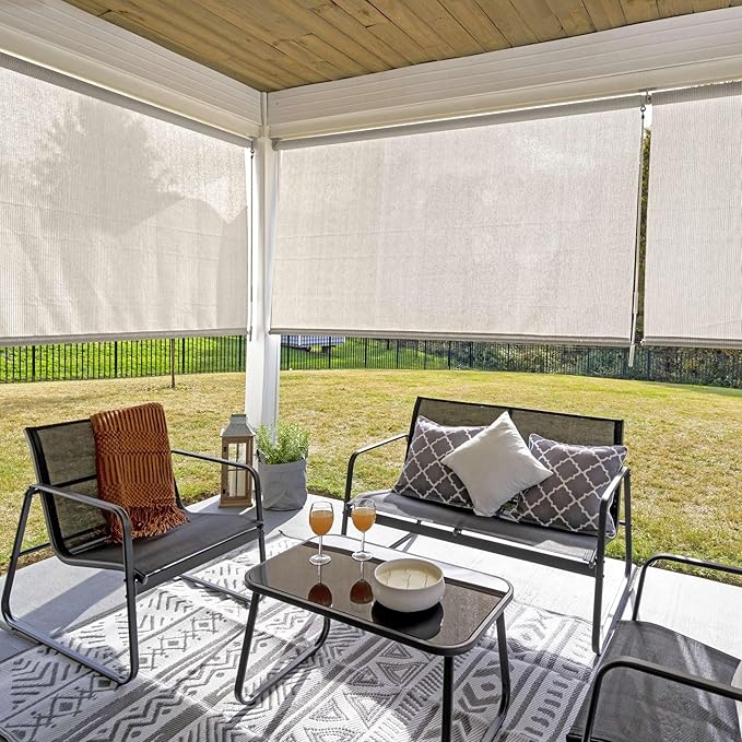 Coolaroo Outdoor Roller Shade with Wand - 95% UV Block Breathable Light Filtering Shade for Patio or Porch, Fade-Resistant, Easy-Clean Fabric, 8ft x 8ft, Pebble
