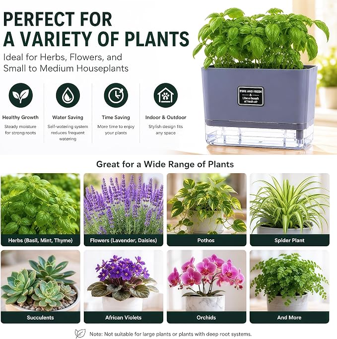 Self Watering Planters 4 Pack, 7 Inch Rectangle Plant Pots with Visible Water Reservoir, Indoor Outdoor Herb Planter Boxes for Windowsill，African Violets，Succulents，Flowers，Kitchen，Office，Balcony Gray