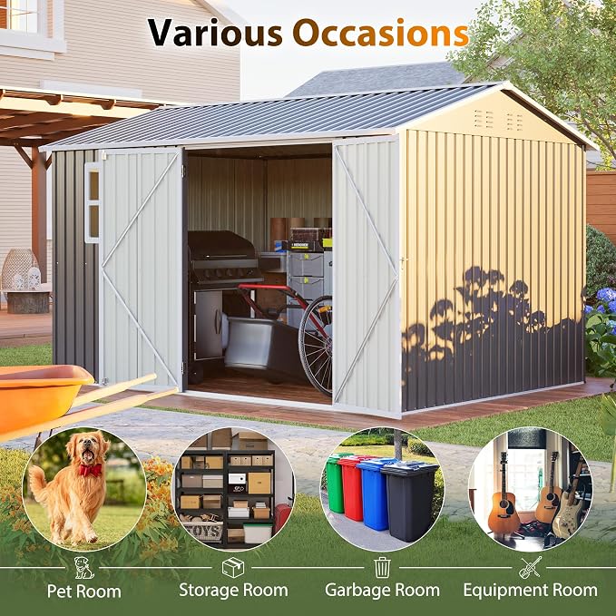 YOPTO 10x8 FT Large Outdoor Storage Shed with Window, 2 Lockable Doors & Sloped Roof, Heavy Duty Metal Tool Shed for Garden, Patio, Backyard, Lawn, Dark Gray