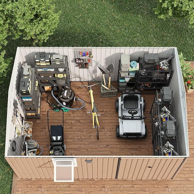 Garvee 10 x 12 FT Heavy-Duty Metal Outdoor Storage Shed with Motion Sensor Solar Light and Window,Pegboard Tool Organizer, Lockable Doors and 4 Air Vents, Garden Shed for Patio, Garage, Backyard
