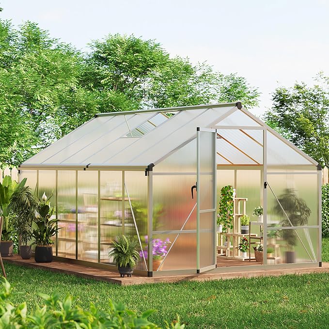 8x12 ft Walk-in Greenhouse, Polycarbonate Panels with Reinforced Aluminum Frame, Large Garden Green House for Planting and Seed Starting, Quick-Assembly Structure with Adjustable Roof Vent