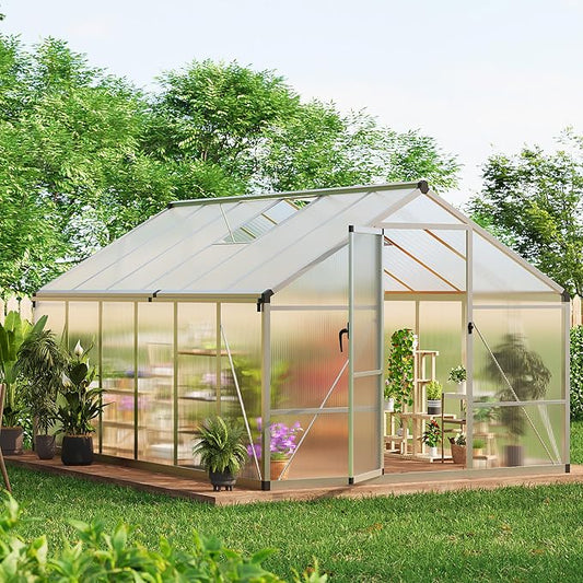 8x12 ft Walk-in Greenhouse, Polycarbonate Panels with Reinforced Aluminum Frame, Large Garden Green House for Planting and Seed Starting, Quick-Assembly Structure with Adjustable Roof Vent