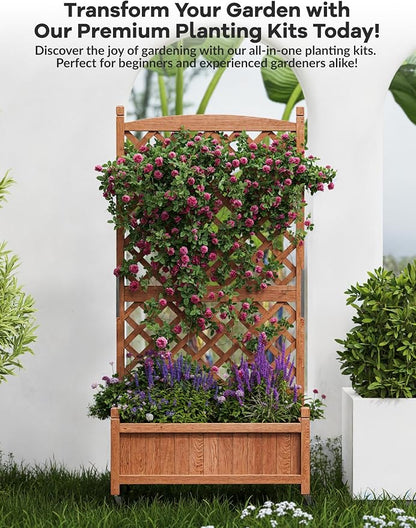 Wooden Raised Planter Box with Trellis and Wheels, 75x33x150Cm Privacy Screen Planter for Patio Garden