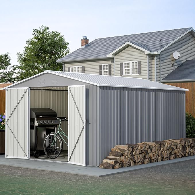 YOPTO 12X10 FT Metal Outdoor Storage Shed W/Floor & Lockable Door,Gray | Galvanized Steel Garden Shed W/ 4 Air Vents,Sloped Roof,Reinforced Structure,All Weather Waterproof for Patio,Backyard,Lawn