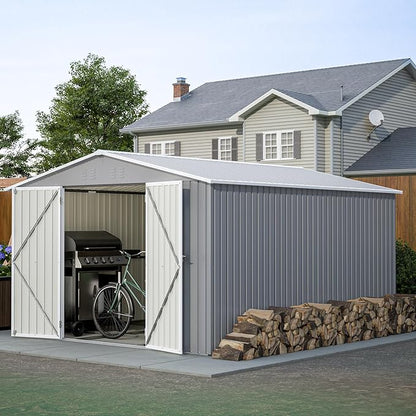 YOPTO 12X10 FT Metal Outdoor Storage Shed W/Floor & Lockable Door,Gray | Galvanized Steel Garden Shed W/ 4 Air Vents,Sloped Roof,Reinforced Structure,All Weather Waterproof for Patio,Backyard,Lawn