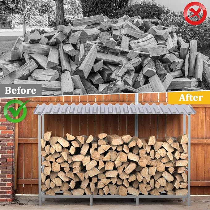 LIANTRAL 4ft Firewood Rack Outdoor with Cover, Heavy Duty Metal Fire Wood Storage Rack for Indoor Outdoor, Log Holder Stand for Fireplace
