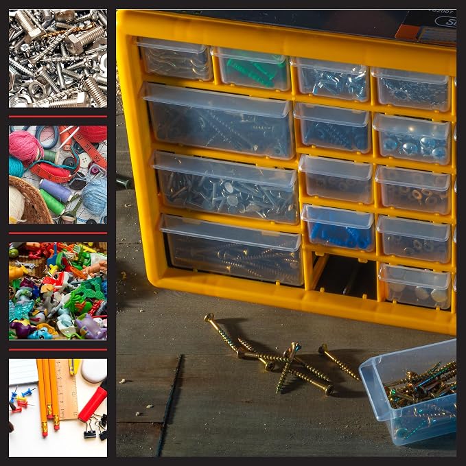 30-Drawer Plastic Small Parts Organizer - Desktop or Wall Storage Drawers for Organizing Hardware, Crafts, Garage, or Classroom by Stalwart (Yellow)
