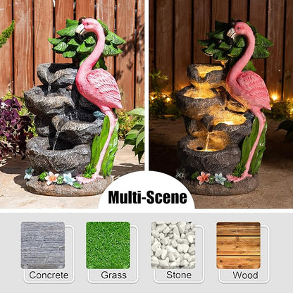 Glitzhome Outdoor Water Fountain, 4-Tiered Flamingo Outdoor Fountain with Lights, 23.5" H Polyresin Decorative Waterfall Feature Garden Fountain with Pump for Garden, Patio, Yard, Deck, Porch Decor