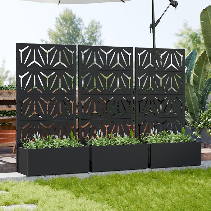 Casaphoria Metal Raised Garden Bed with Trellis, 59"x30"x12" Planter Box for Climbing Plants, Vegetables & Vines, Features Drainage Holes and Privacy Screen, Black-Star