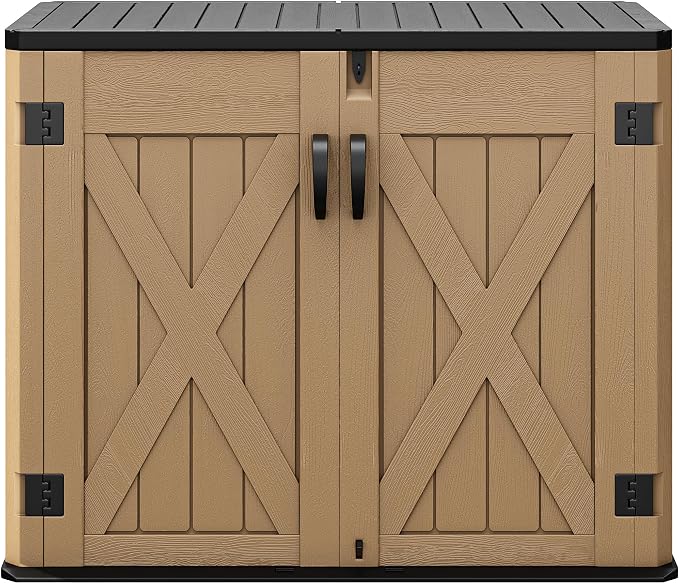 DWVO Outdoor Storage Shed, Weatherproof Resin, 35 Cu Ft Capacity, Horizontal Design, X-Shaped Lockable Door, Suitable for Bike, Garden Tools, Trash Cans, Brown