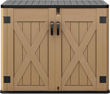 DWVO Outdoor Storage Shed, Weatherproof Resin, 35 Cu Ft Capacity, Horizontal Design, X-Shaped Lockable Door, Suitable for Bike, Garden Tools, Trash Cans, Brown