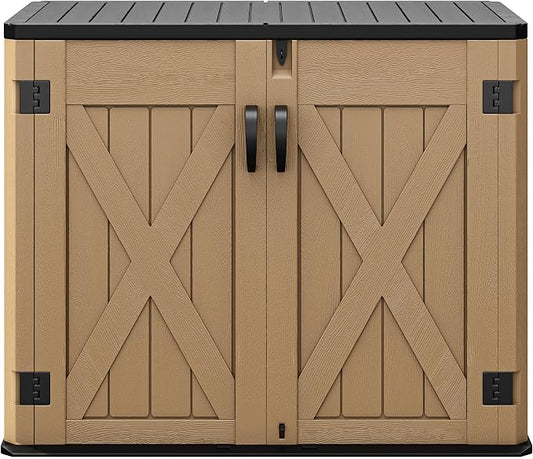 DWVO Outdoor Storage Shed, Weatherproof Resin, 35 Cu Ft Capacity, Horizontal Design, X-Shaped Lockable Door, Suitable for Bike, Garden Tools, Trash Cans, Brown