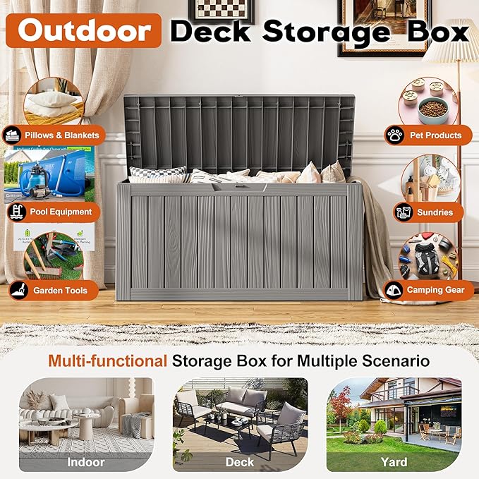 Outdoor Storage Box, Resin Deck Boxes Indoor and outdoor, Waterproof Storage Box Lockable Lid (Grey, 85 Gallon)