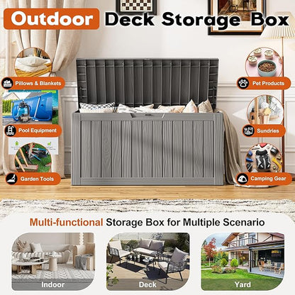 Outdoor Storage Box, Resin Deck Boxes Indoor and outdoor, Waterproof Storage Box Lockable Lid (Grey, 85 Gallon)
