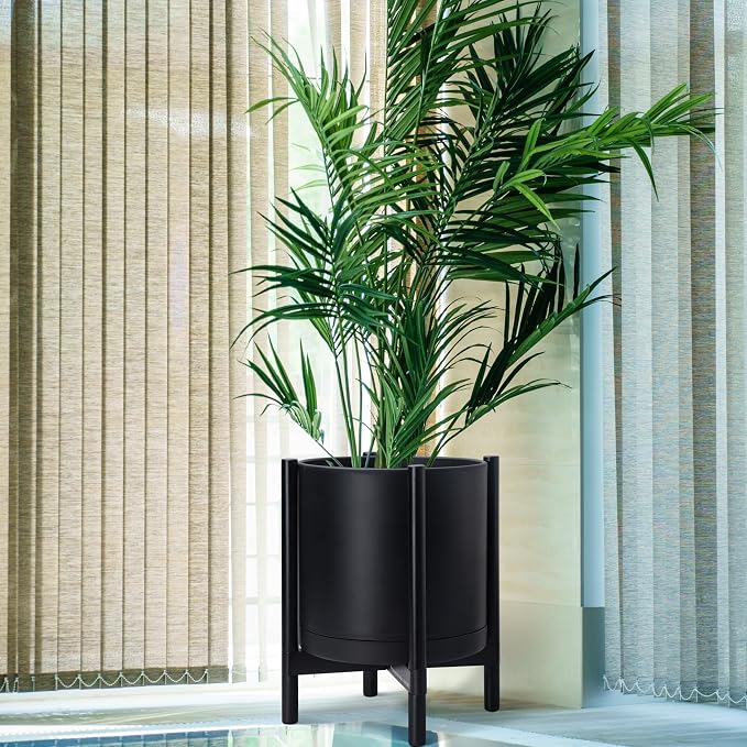 D'vine Dev Plastic Pot with Ebony Wood Stand, Black, 16 in, 55-C-Z-2 | Mid-Century Inspired Design, Elevated Plant Display, Clean Lines, Sturdy Support, Modern Space-Saving Style