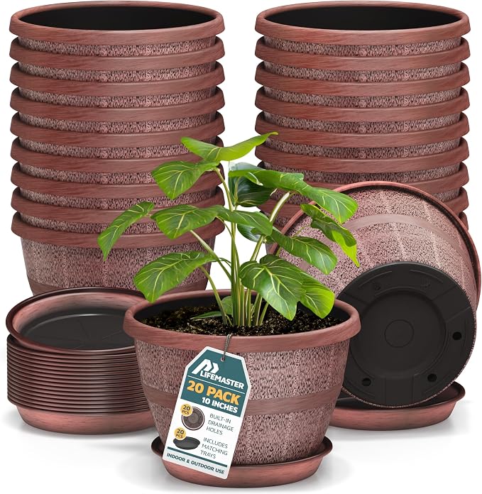 10-Inch Whiskey Barrel Planters Outdoor Pack of 20 - Durable Plastic Plant Pots for Indoor & Outdoor Use with Drainage & Saucer, Lightweight Rustic Barrel Planters for Flowers, Herbs & Small Plants
