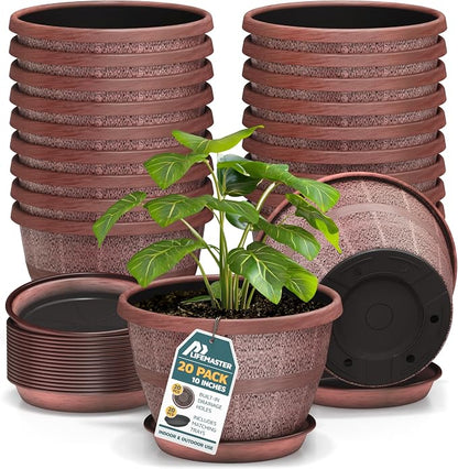 10-Inch Whiskey Barrel Planters Outdoor Pack of 20 - Durable Plastic Plant Pots for Indoor & Outdoor Use with Drainage & Saucer, Lightweight Rustic Barrel Planters for Flowers, Herbs & Small Plants
