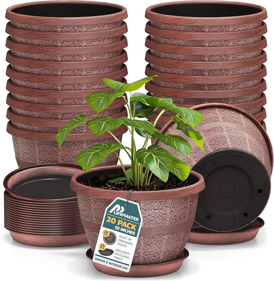 10-Inch Whiskey Barrel Planters Outdoor Pack of 20 - Durable Plastic Plant Pots for Indoor & Outdoor Use with Drainage & Saucer, Lightweight Rustic Barrel Planters for Flowers, Herbs & Small Plants